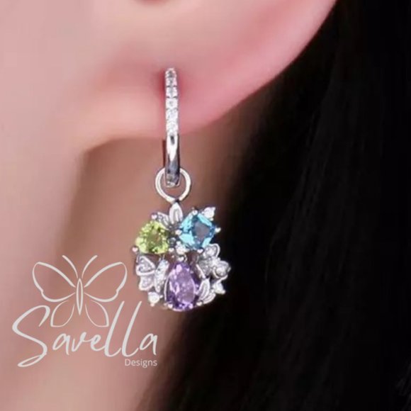 Tri-Stone Amethyst, Blue Topaz and Peridot Earrings Set in 925 Silver - Picture 4 of 4